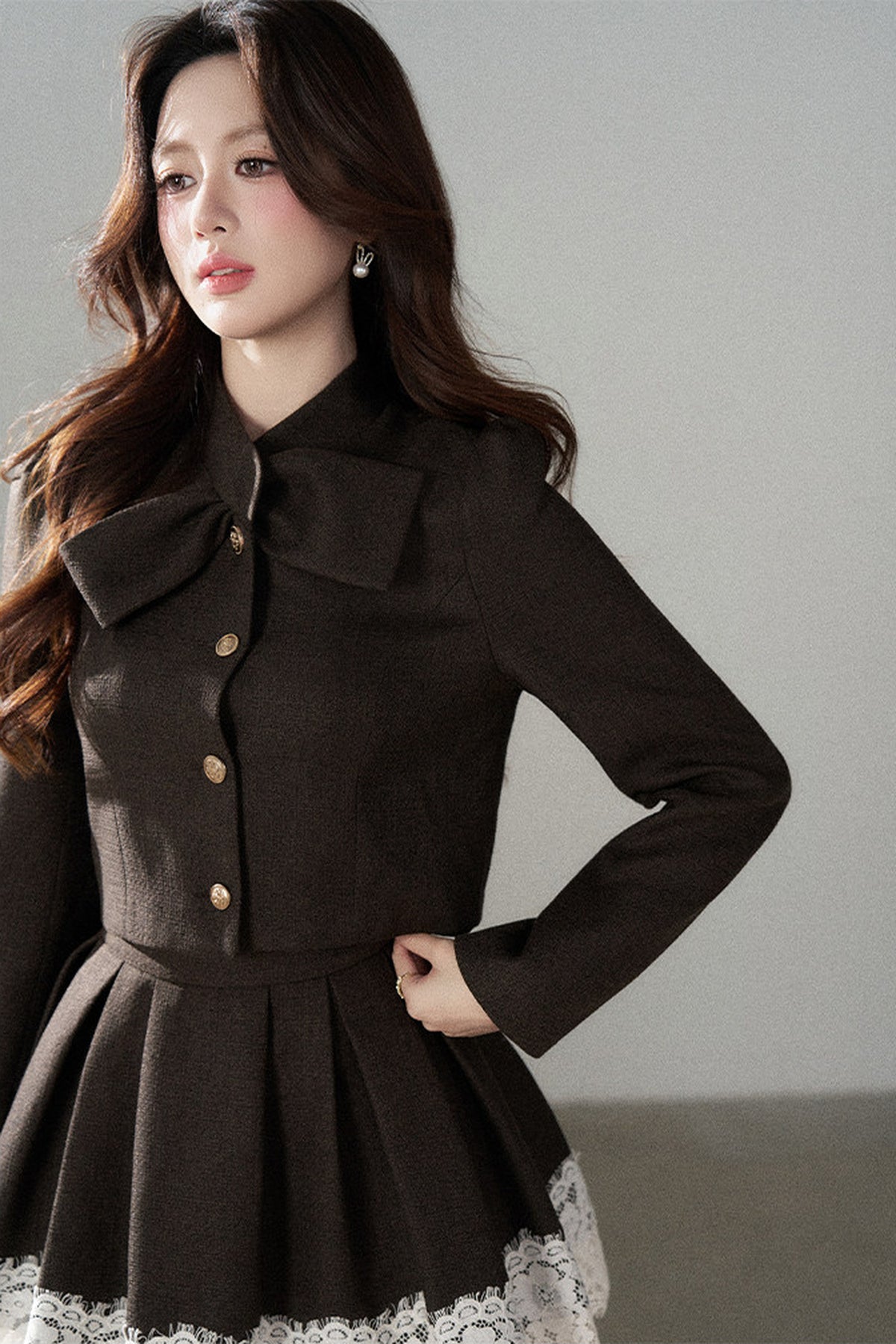 Coffee Lace Splicing Jacket and Skirt Set-Up