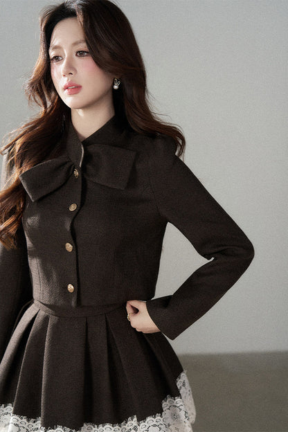 Coffee Lace Splicing Jacket and Skirt Set-Up