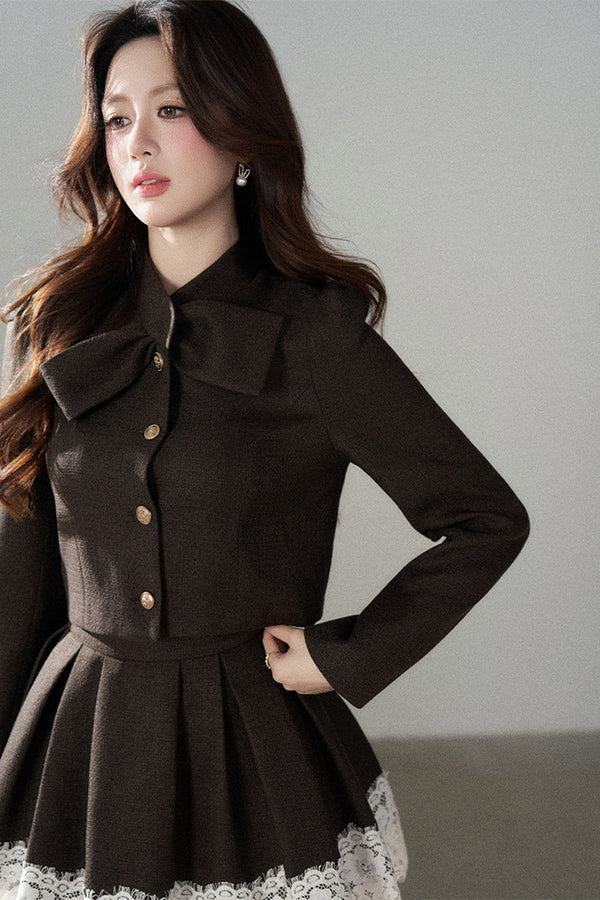 Coffee Lace Splicing Jacket and Skirt Set-Up