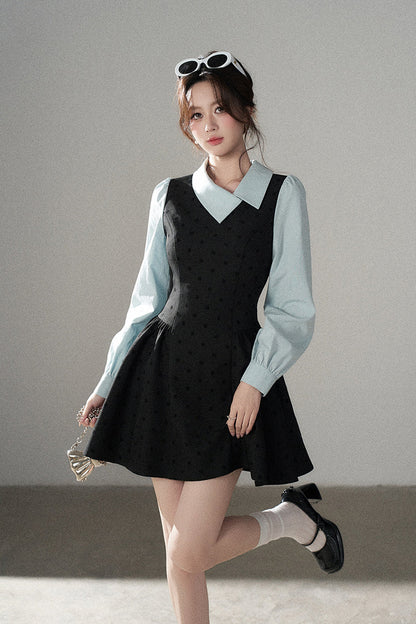 Black Polka Dot Asymmetrical Collar Dress
