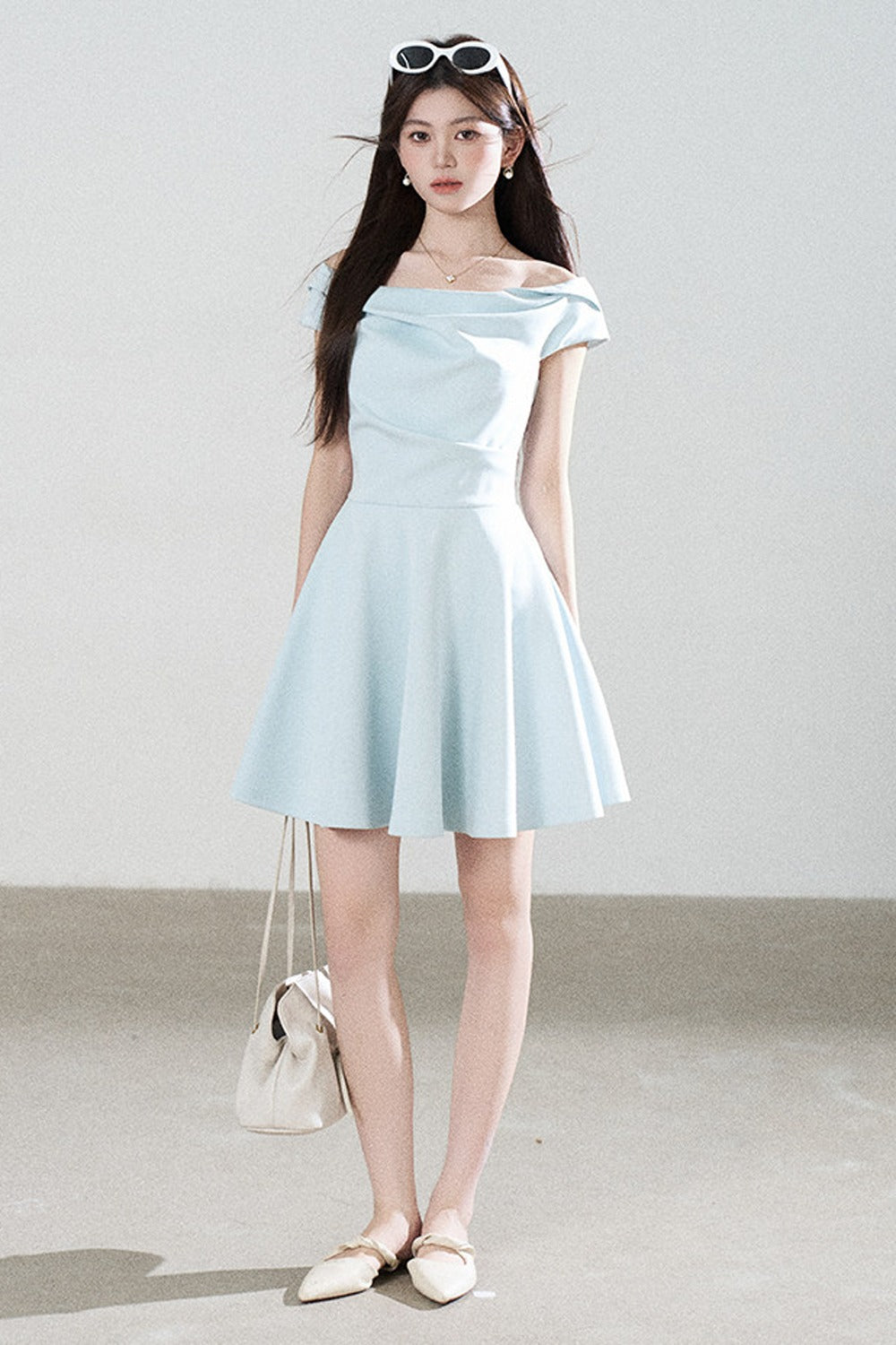 Lake Green Tencel Off-Shoulder A-Line Dress
