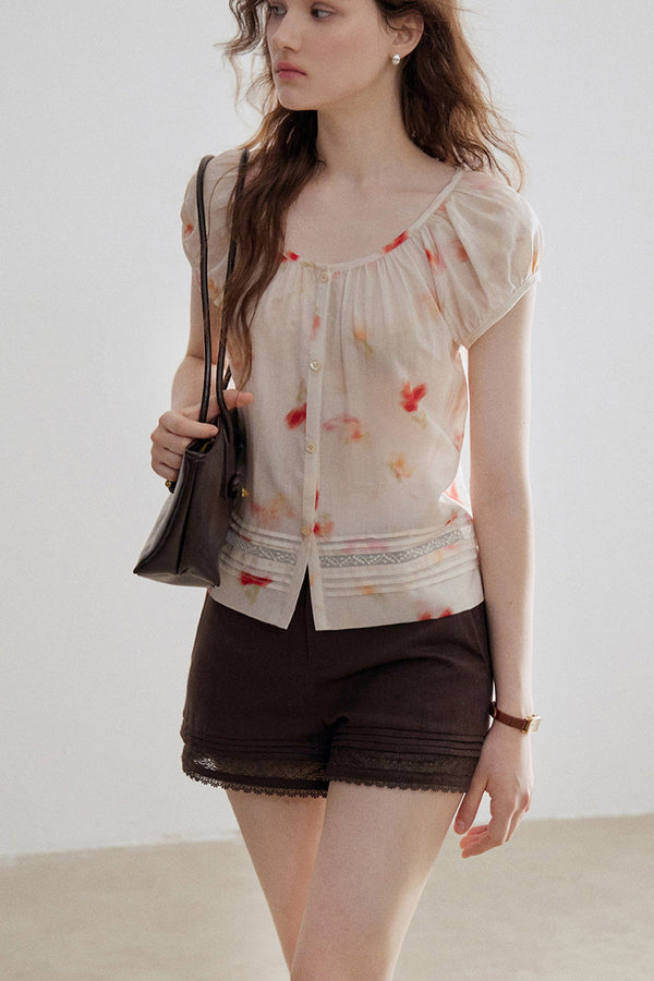 Floral Lyocell Short-Sleeve Blouse