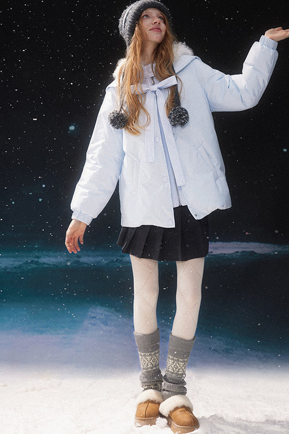 Blue Layered-Look Navy Collar Down Jacket