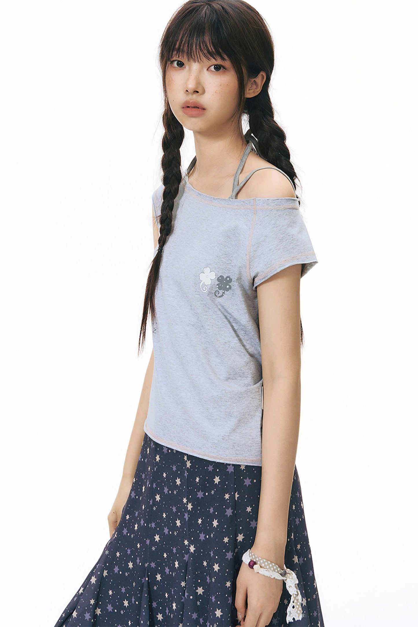 Starwii Printed Asymmetrical Shoulder Frayed Neckline T-Shirt