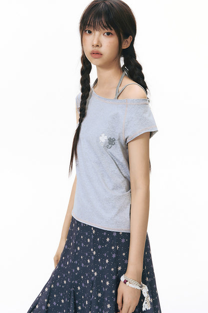 Starwii Printed Asymmetrical Shoulder Frayed Neckline T-Shirt