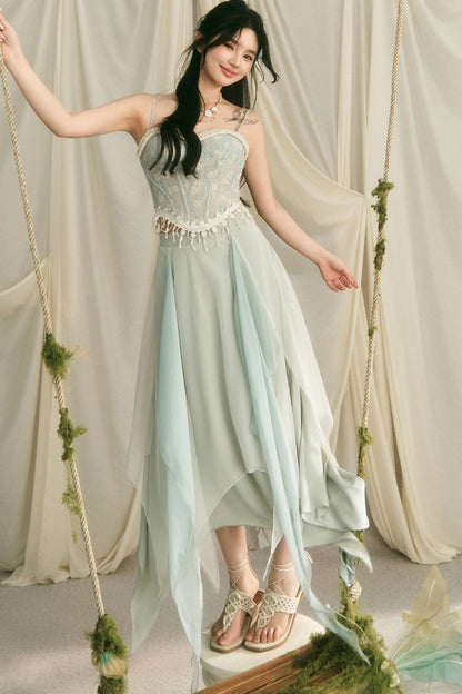 Retro Lace Fishbone Tube Top and Layered Skirt Set-Up