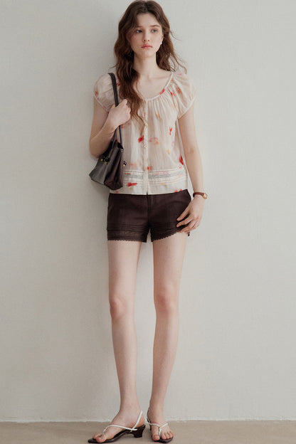 Floral Lyocell Short-Sleeve Blouse