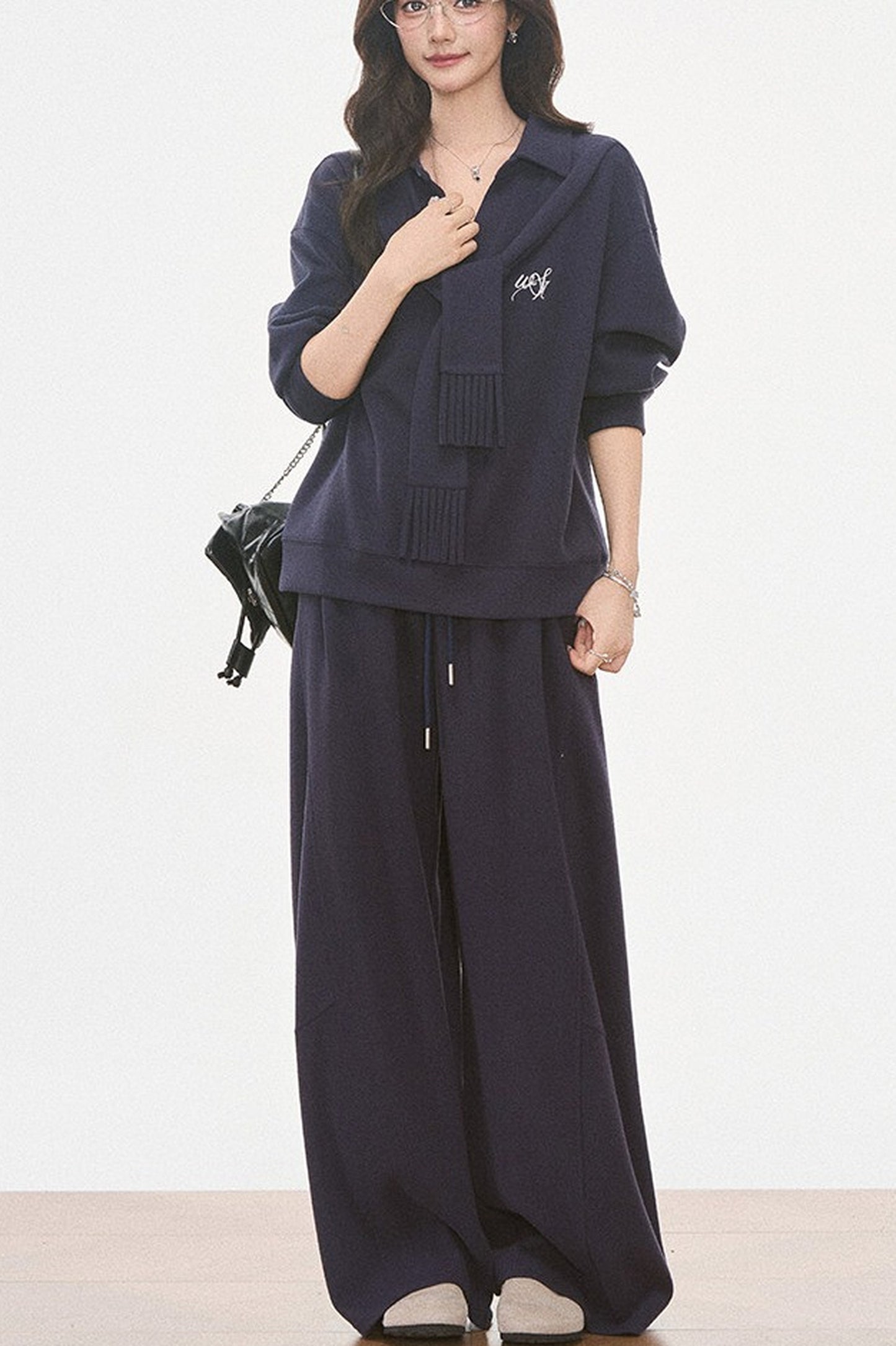 Knit Scarf Sweatshirt and Sweatpants Set-Up