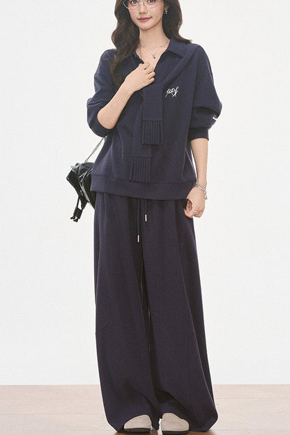 Knit Scarf Sweatshirt and Sweatpants Set-Up