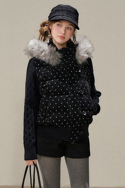 Black Chenille Polka Dot Hooded Down Jacket