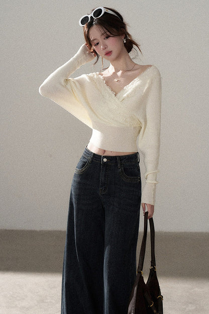 V-Neck Hollow Knit Top and Jeans Set-Up