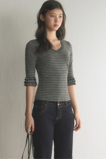 Striped Ruffled Patchwork Mid-Sleeve Top and Pants Set-Up