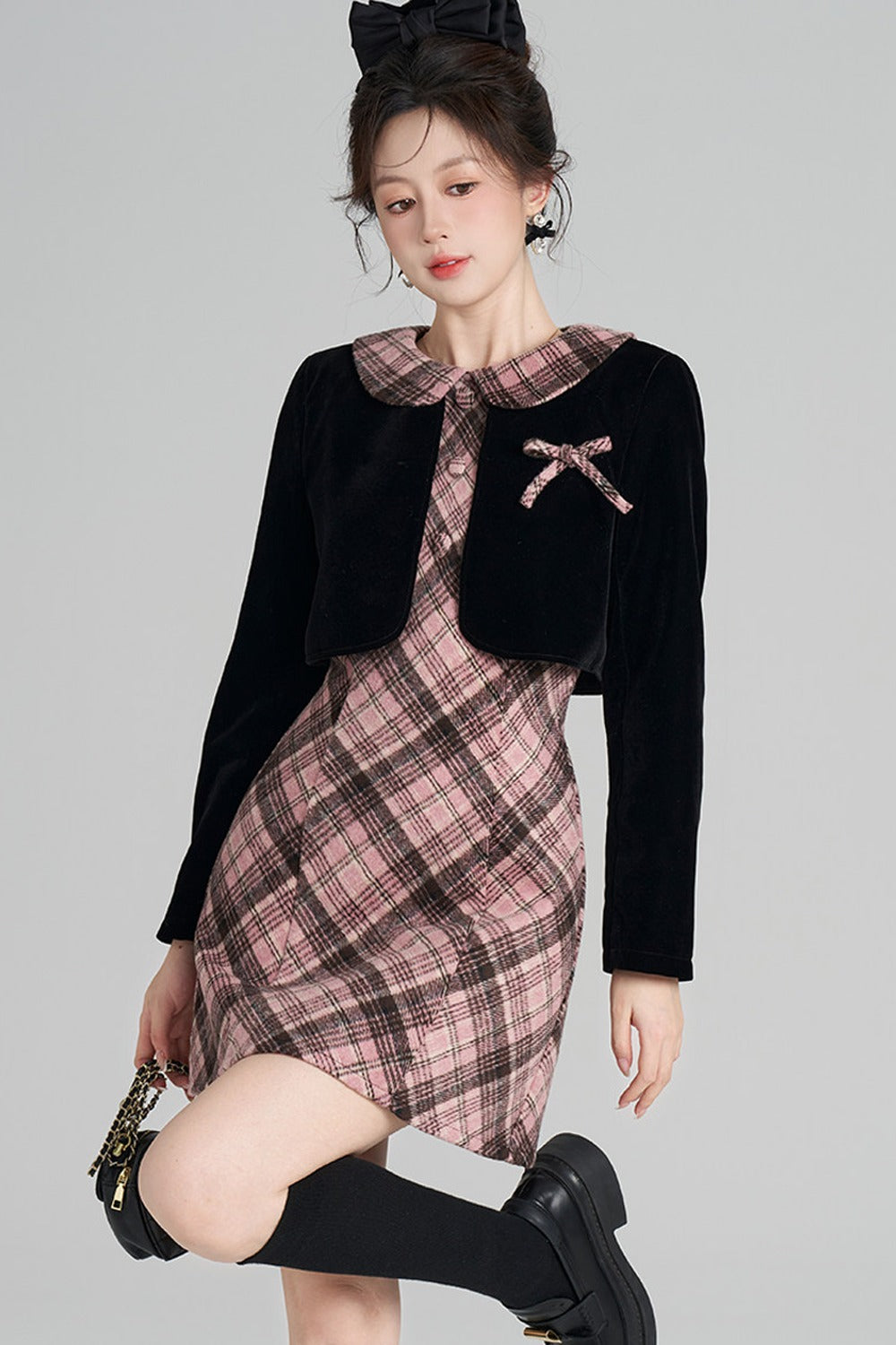 Layered-Look A-Line Plaid Dress