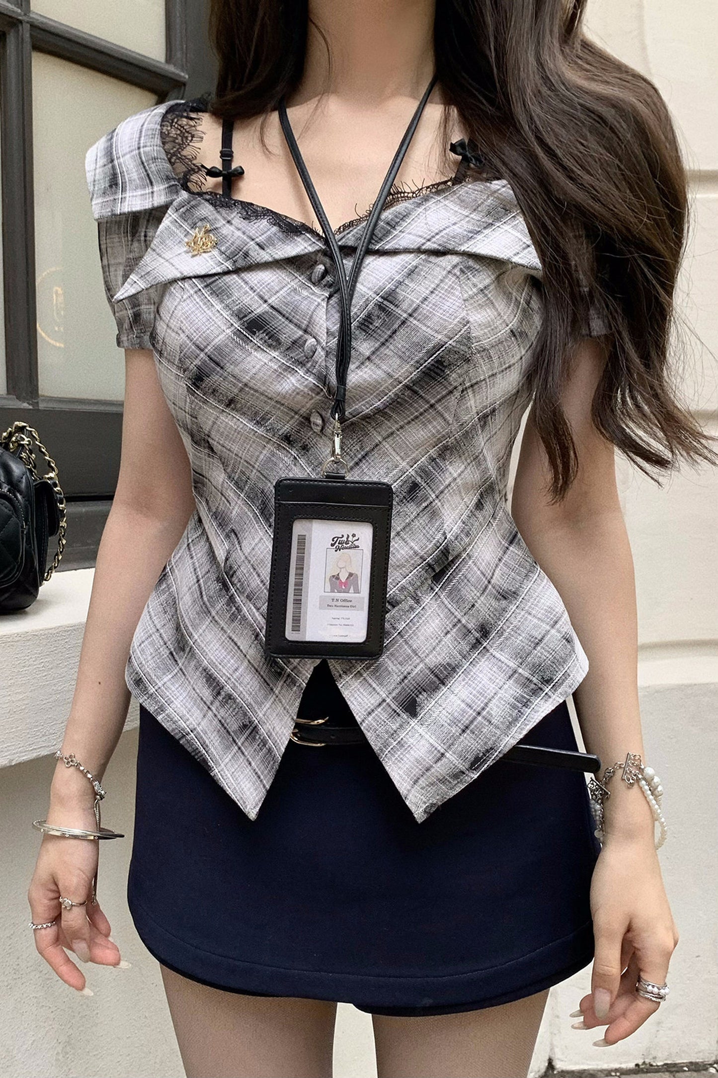 Plaid Patchwork Lace Bow Top and Black Hot Pants Set-Up