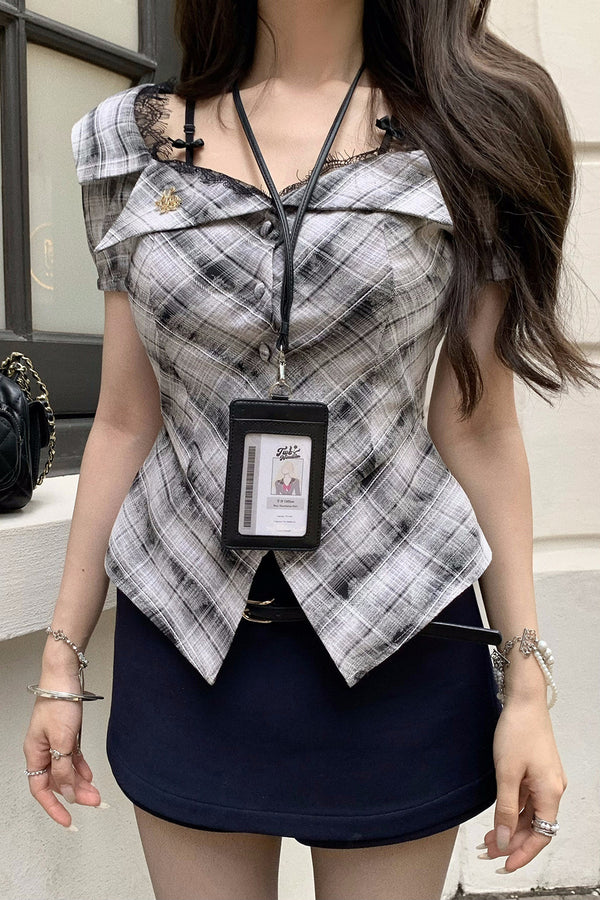 Plaid Patchwork Lace Bow Top and Black Hot Pants Set-Up