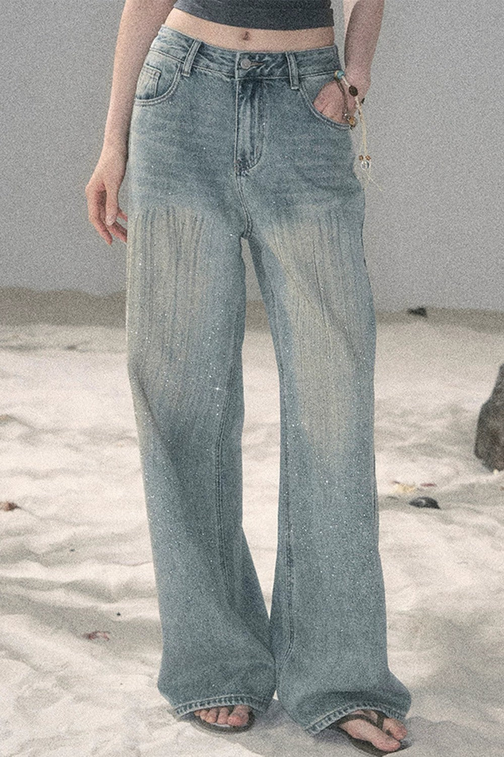 American-Style Rhinestone Wide-Leg Jeans