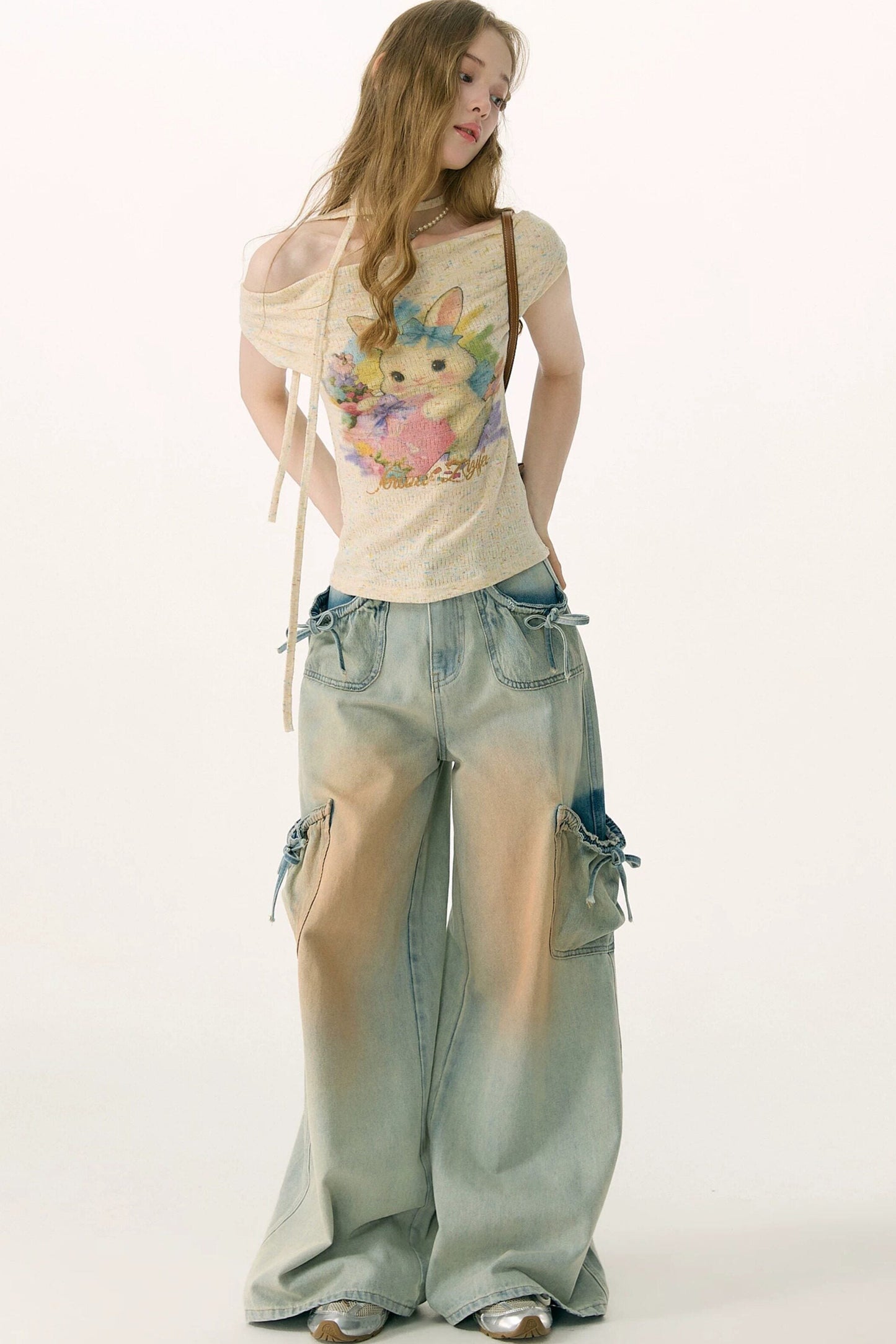 Pantaloni in denim retrò con fiocco