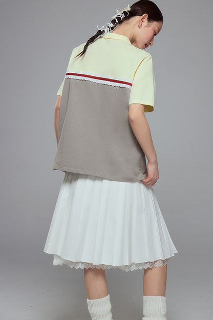 Color Block Lace Trim Cotton Polo