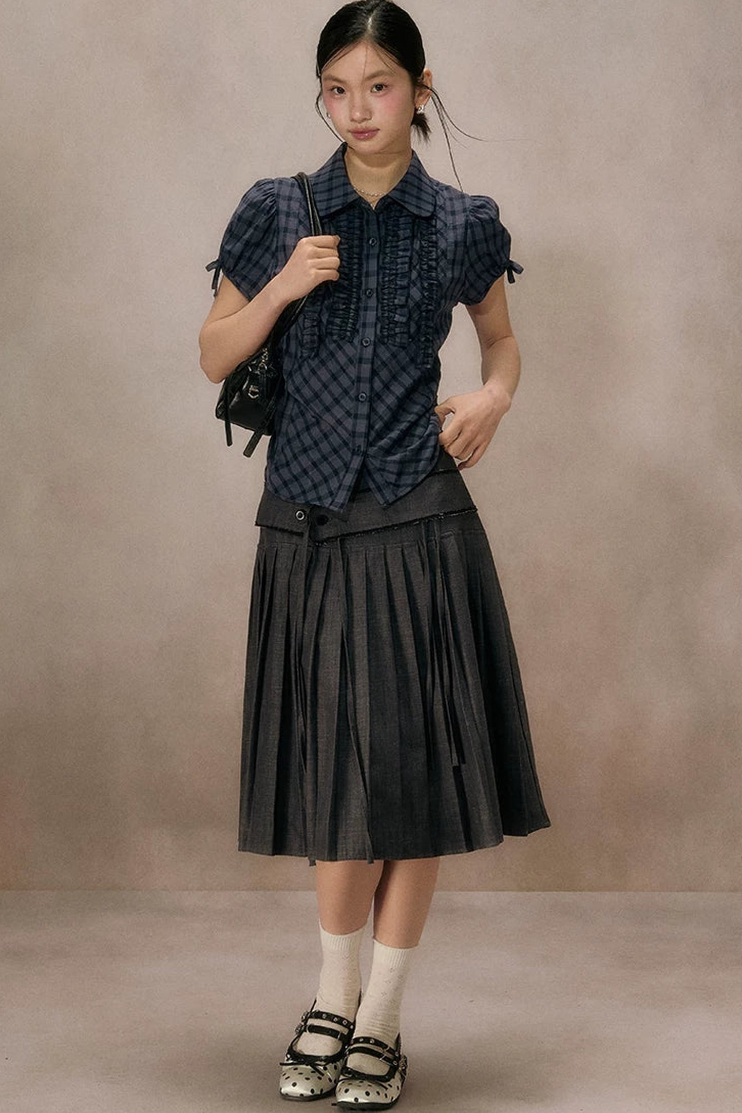 Navy Plaid Ruffled Short Sleeve Shirt