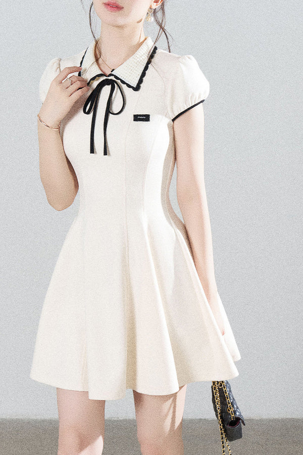 French Style Puff Sleeve Cinched Waist Dress