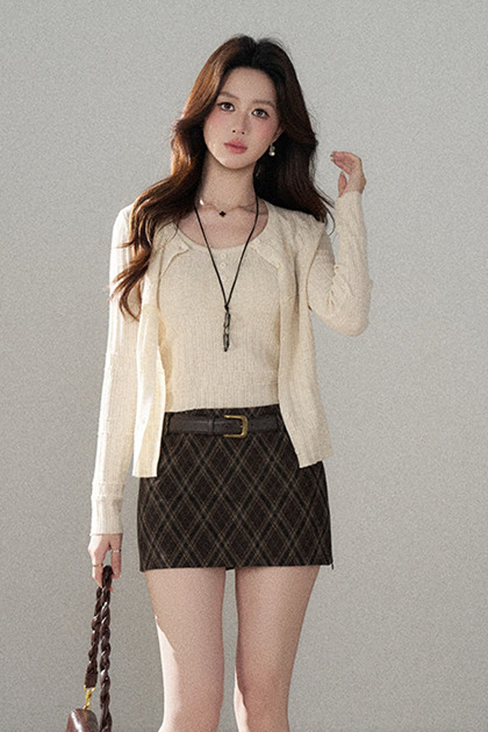 High-Waisted Woolen Plaid Skirt