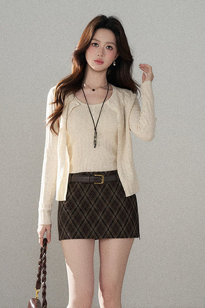 High-Waisted Woolen Plaid Skirt