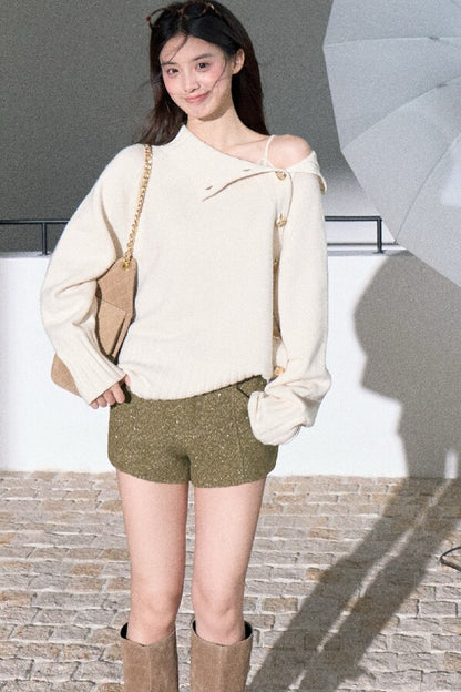 Gold Thread Wool Blend High-Waisted Shorts