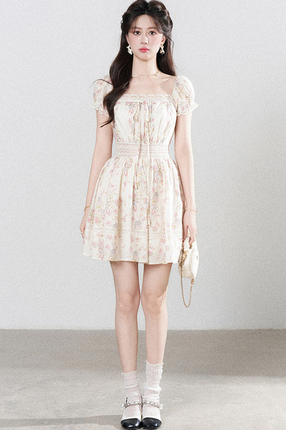 A-Line Puff Sleeve Square Neck Floral Dress