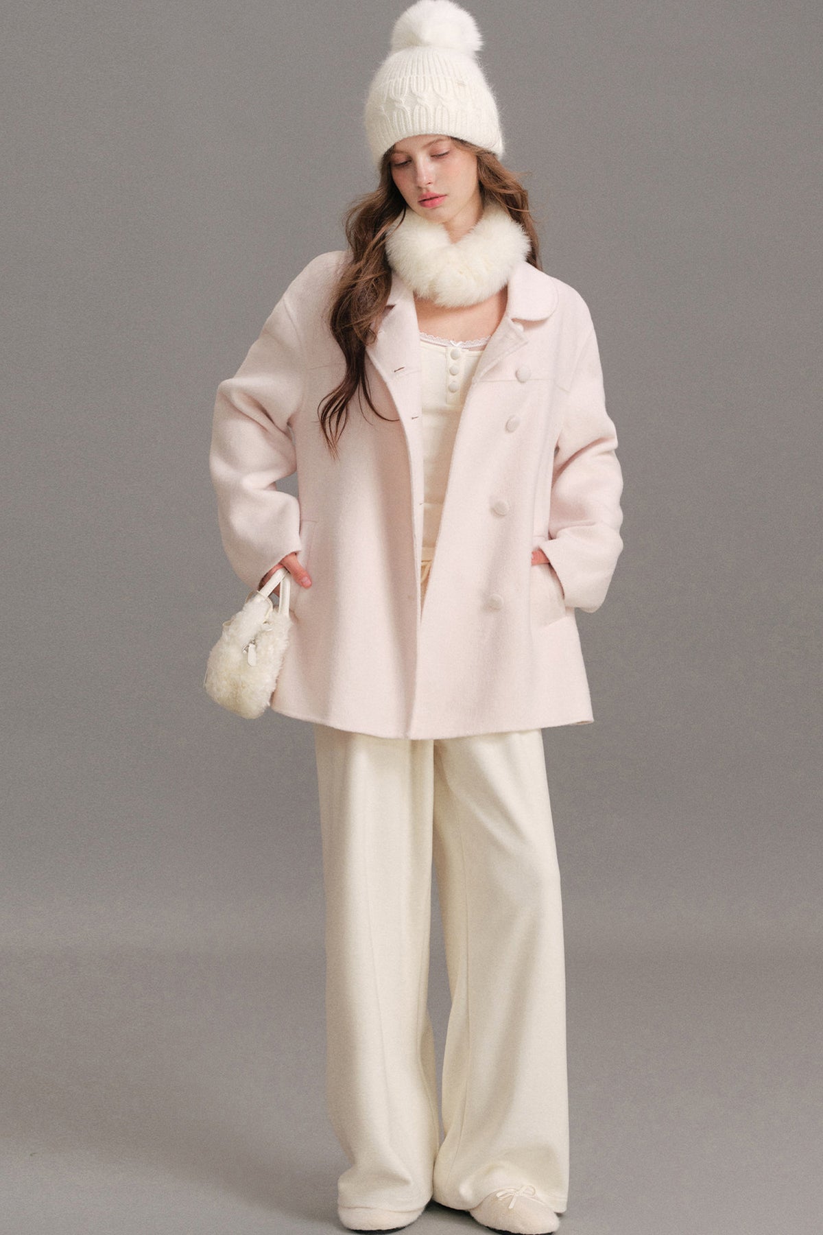 Handmade Double-Sided Woolen Doll Collar Mid-Length Coat