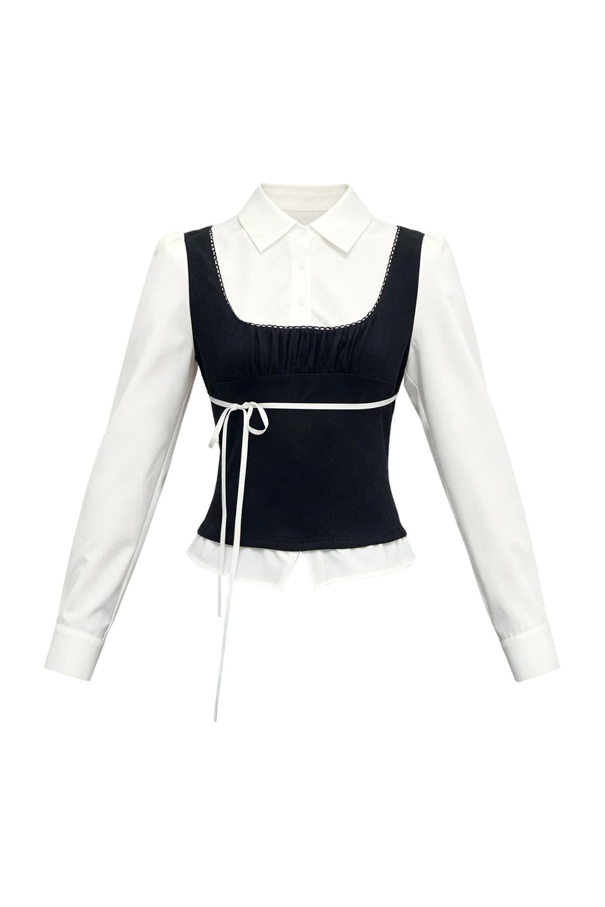 Retro Bow Layered-Look Top and Black Short Skirt Set-Up