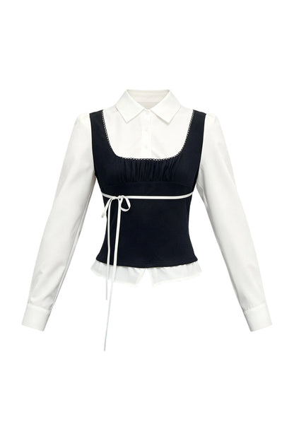Retro Bow Layered-Look Top and Black Short Skirt Set-Up