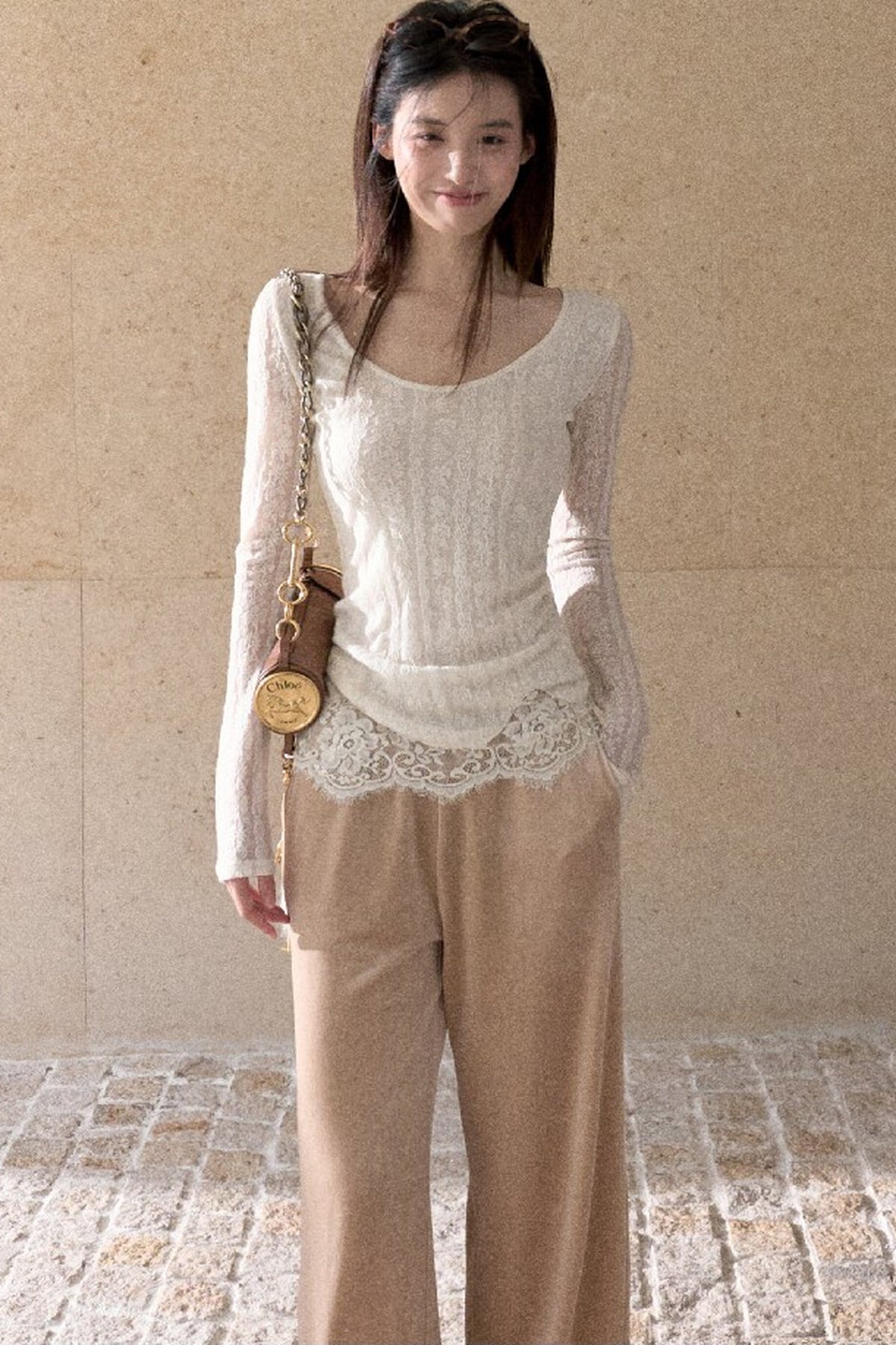 Jacquard Spliced Lace Knit Top