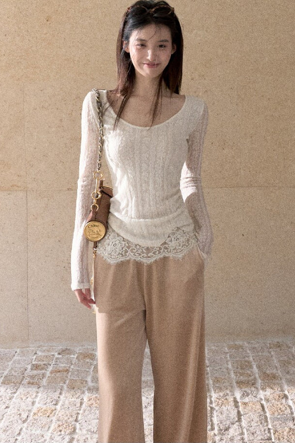 Jacquard Spliced Lace Knit Top