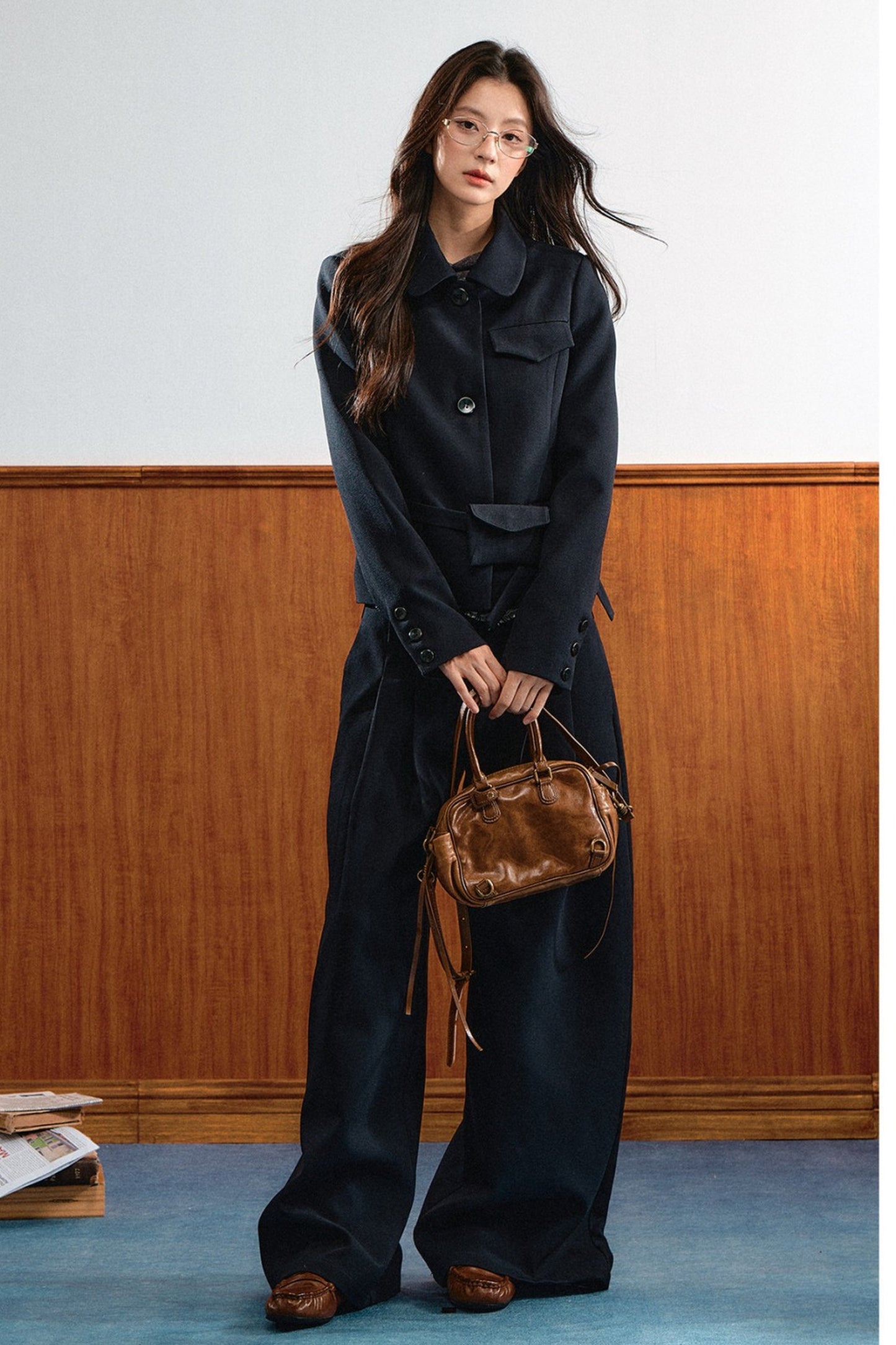 American Retro Lapel Top and Wide-Leg Pants Set-Up