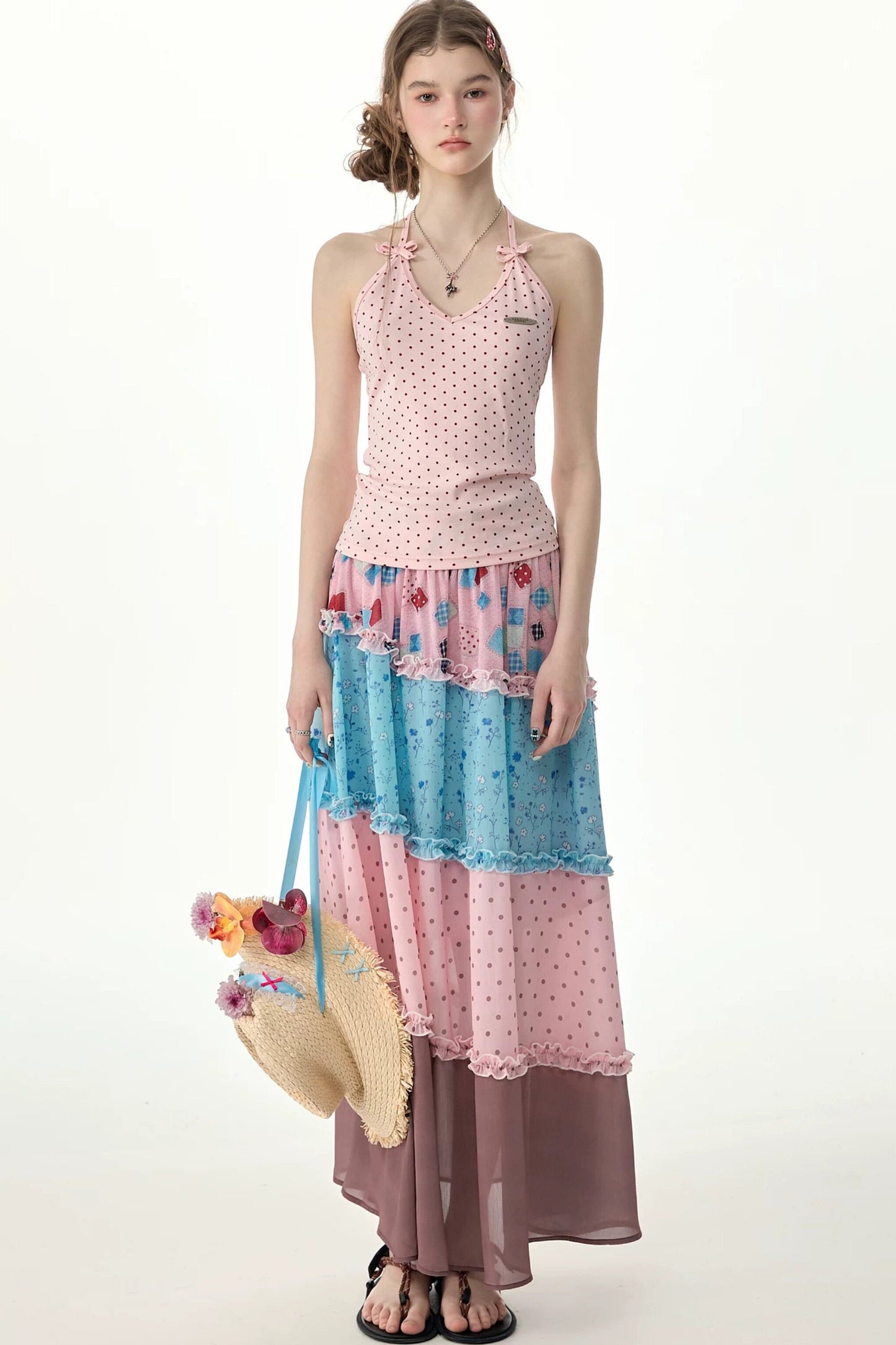 Rosa gepunktetes Neckholder-Tanktop