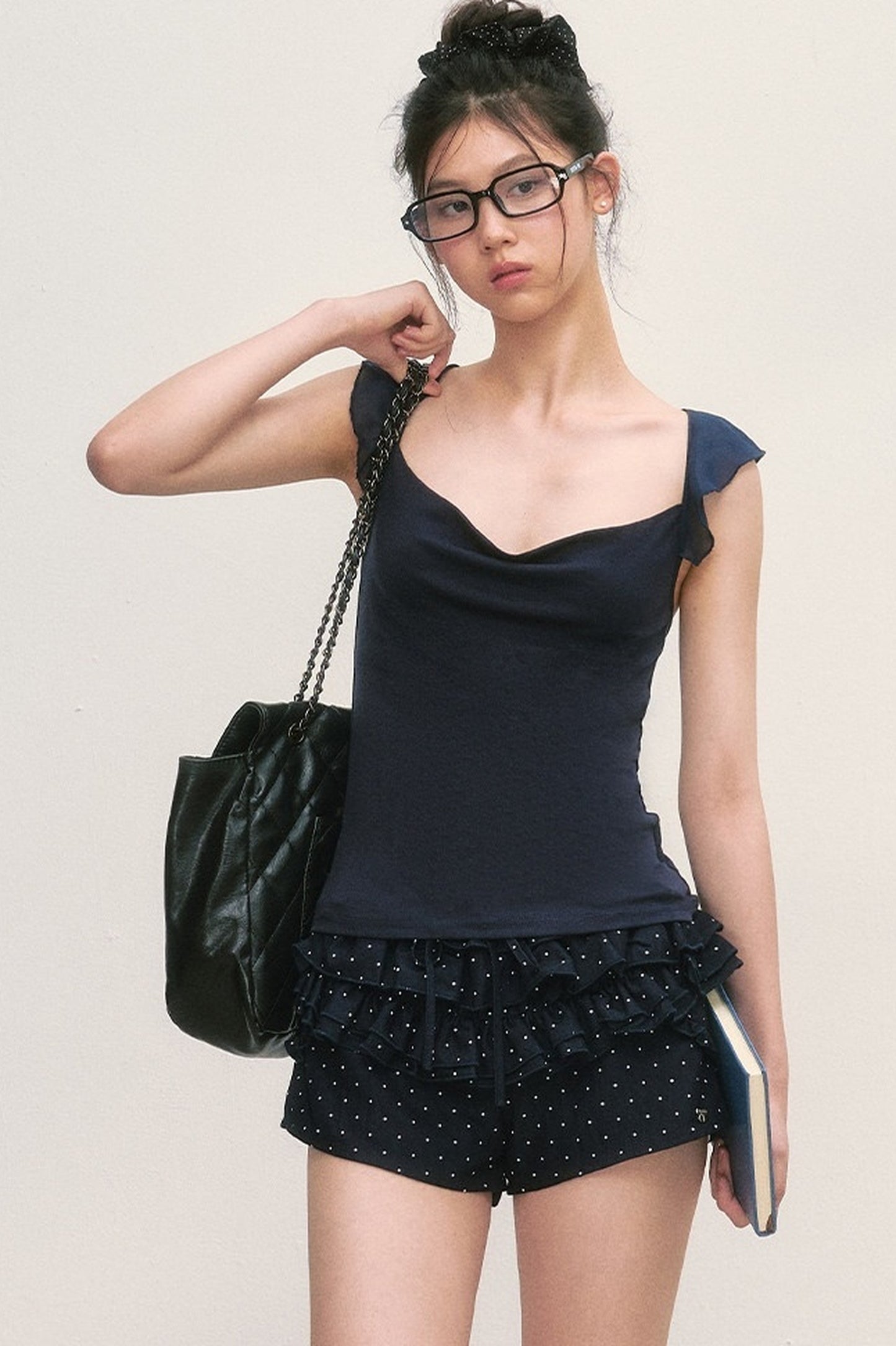 Navy Blue Flutter-Sleeve Chiffon Camisole