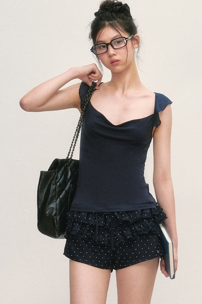 Navy Blue Flutter-Sleeve Chiffon Camisole