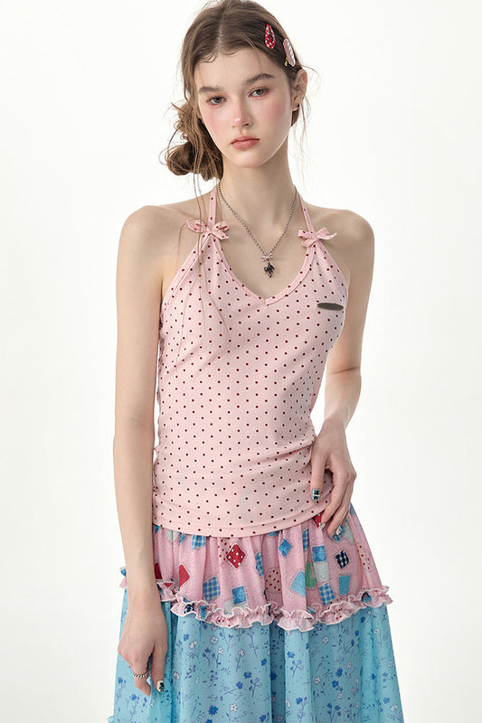 Rosa gepunktetes Neckholder-Tanktop