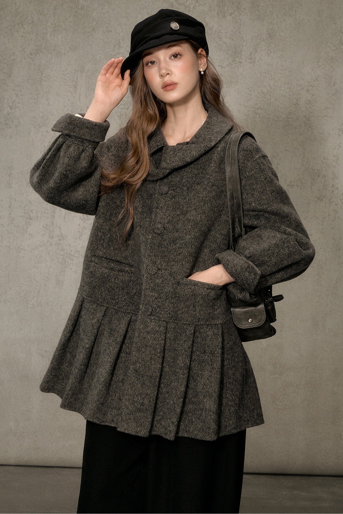 70% Wool Blend Double-Sided Pleated Coat