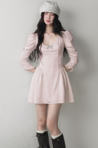 Satin Long-Sleeve Bow Dress