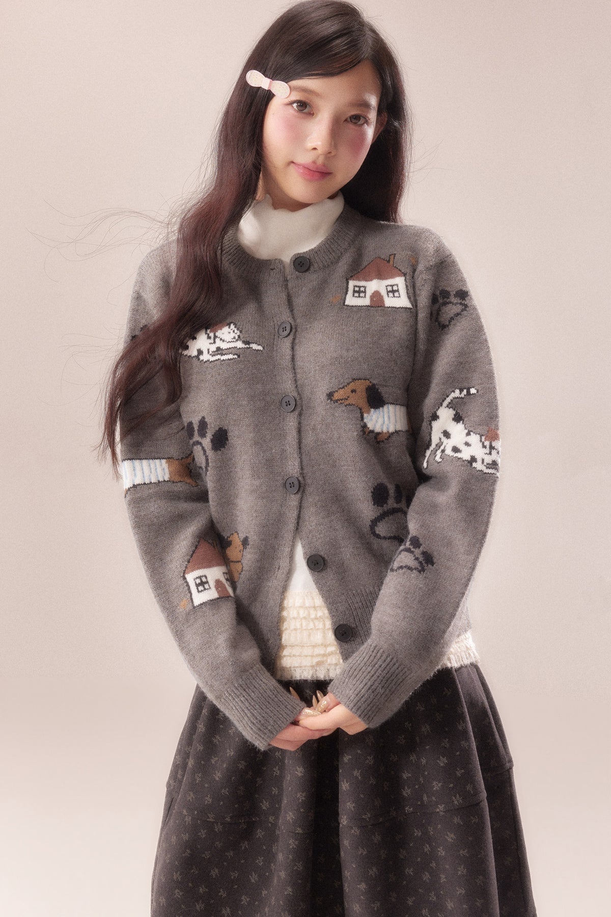 Paw Print Jacquard Knit Cardigan