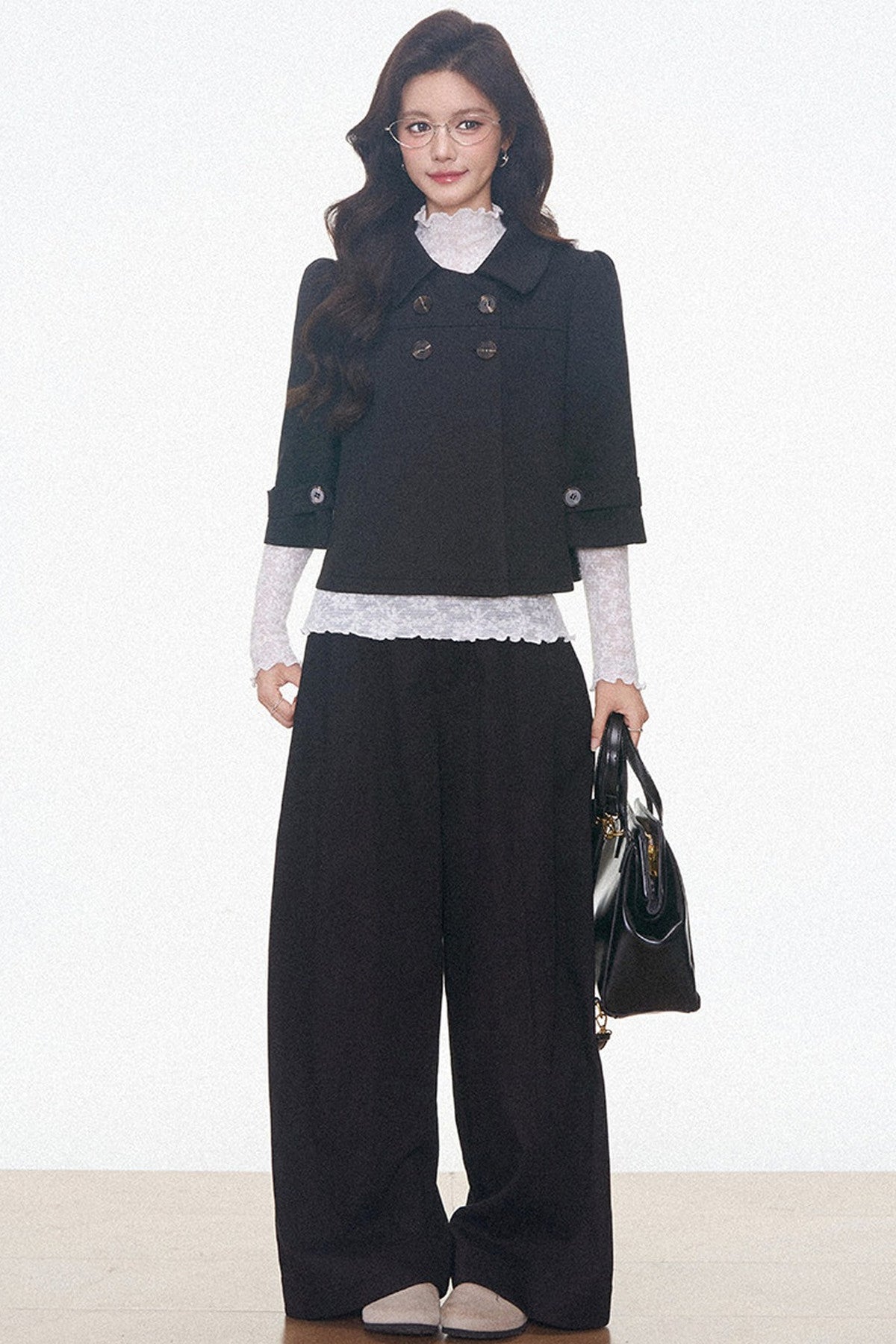 Double-Breasted Woolen Jacket With Midi Skirt and Pants Set-Up