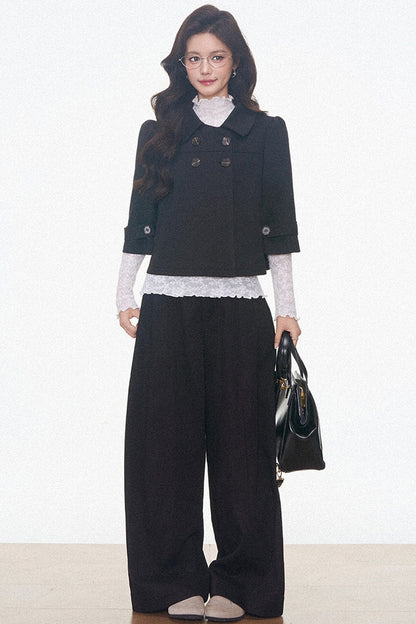Double-Breasted Woolen Jacket With Midi Skirt and Pants Set-Up