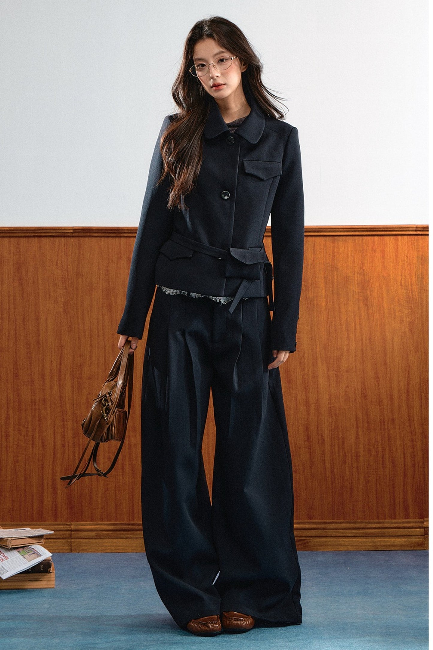 American Retro Lapel Top and Wide-Leg Pants Set-Up