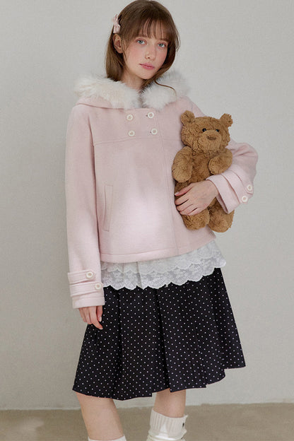 Lace Trim Fur Collar Hooded Coat