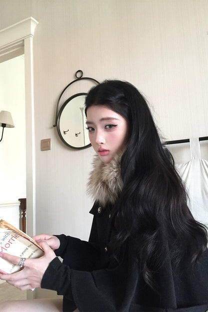 싱글 브레스티드 울 케이프 상의와 스커트 세트