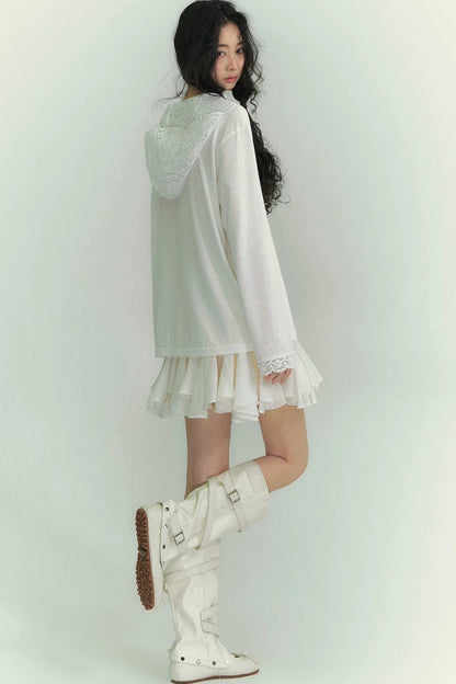 Somesowe Lace Ribbon Hooded T-Shirt