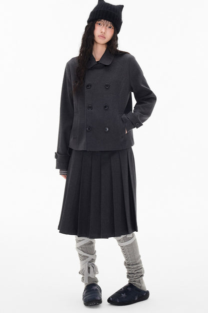 Double-Breasted Wool Coat and Pleated Skirt Set