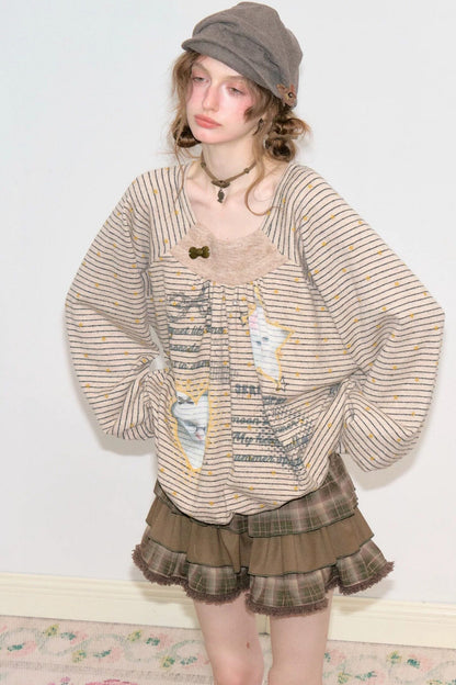 Striped Cat Print Round Neck Sweatshirt