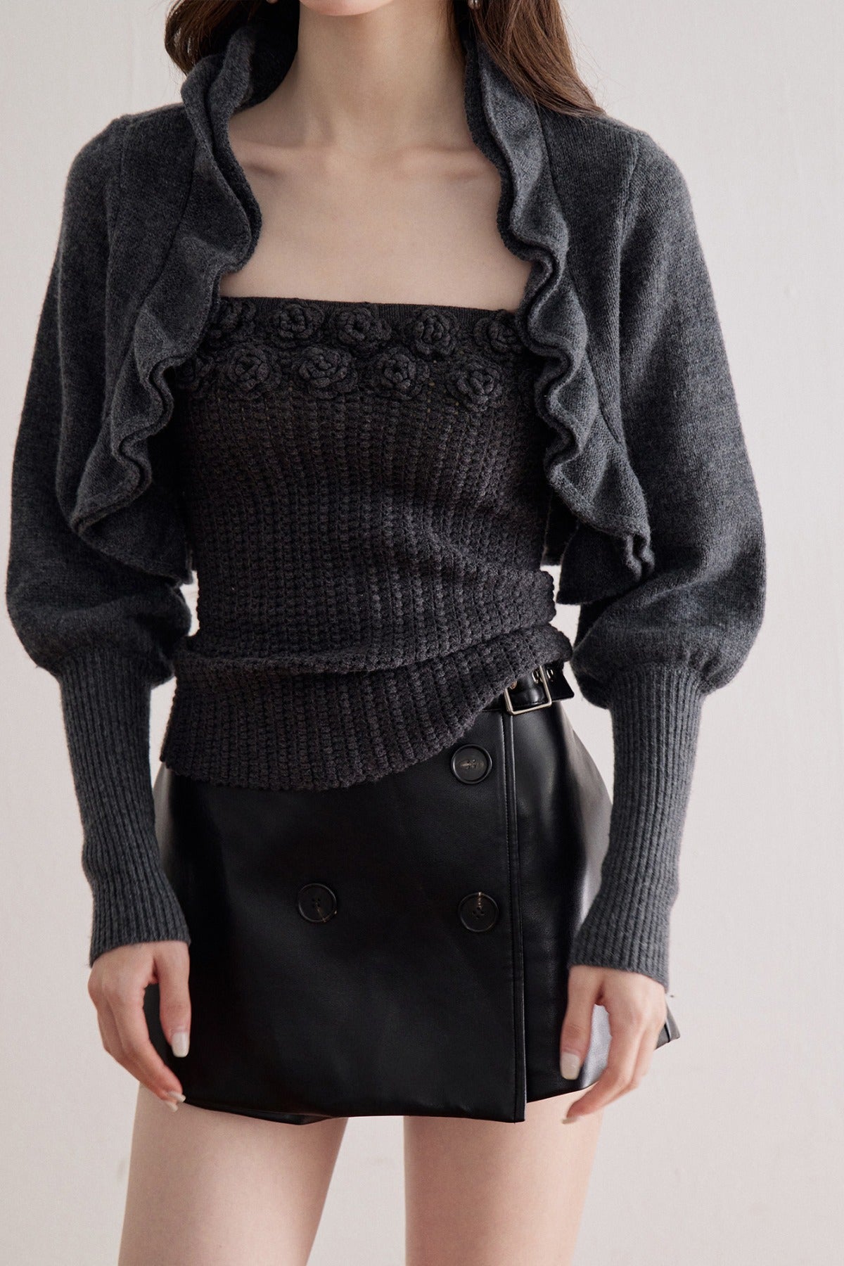 Floral Knit Top and Ruffle Cardigan Set-Up